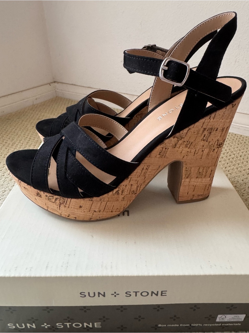 Sun + Stone Black Suede Cork Platform Heels size 9